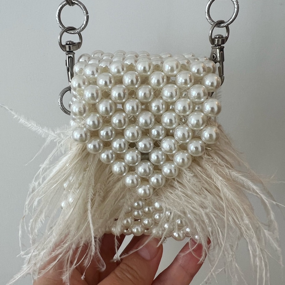 Pearl Beaded Mini Shoulder Bag with Feather Trim - Cream